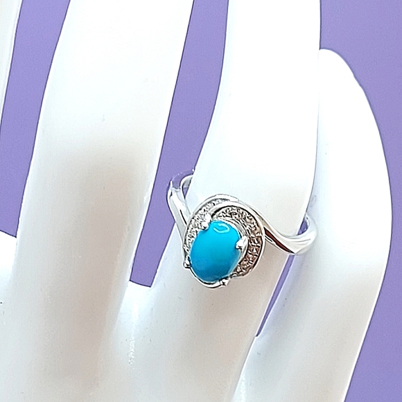 Natural Oval Blue Turquoise 8x6mm & Cz 925 Sterling Silver Ring Size 6 - Picture 4 of 10